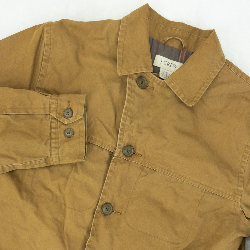 J Crew Barn Jacket Mens Medium Brown Canvas Plaid Lined Chore Coat 90s FLAWS